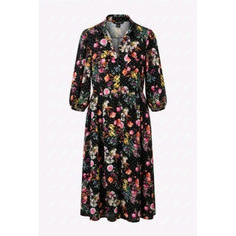 Torrid Dress Womens 1 Black Floral Polka Dot Shirt Midi Fit Flare Balloon Sleeve
